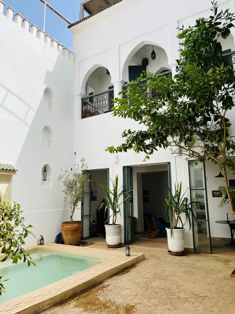 Imagen de ejemplo de BookNoFees: patio interior de un riad con una pequeña piscina y una exuberante vegetación