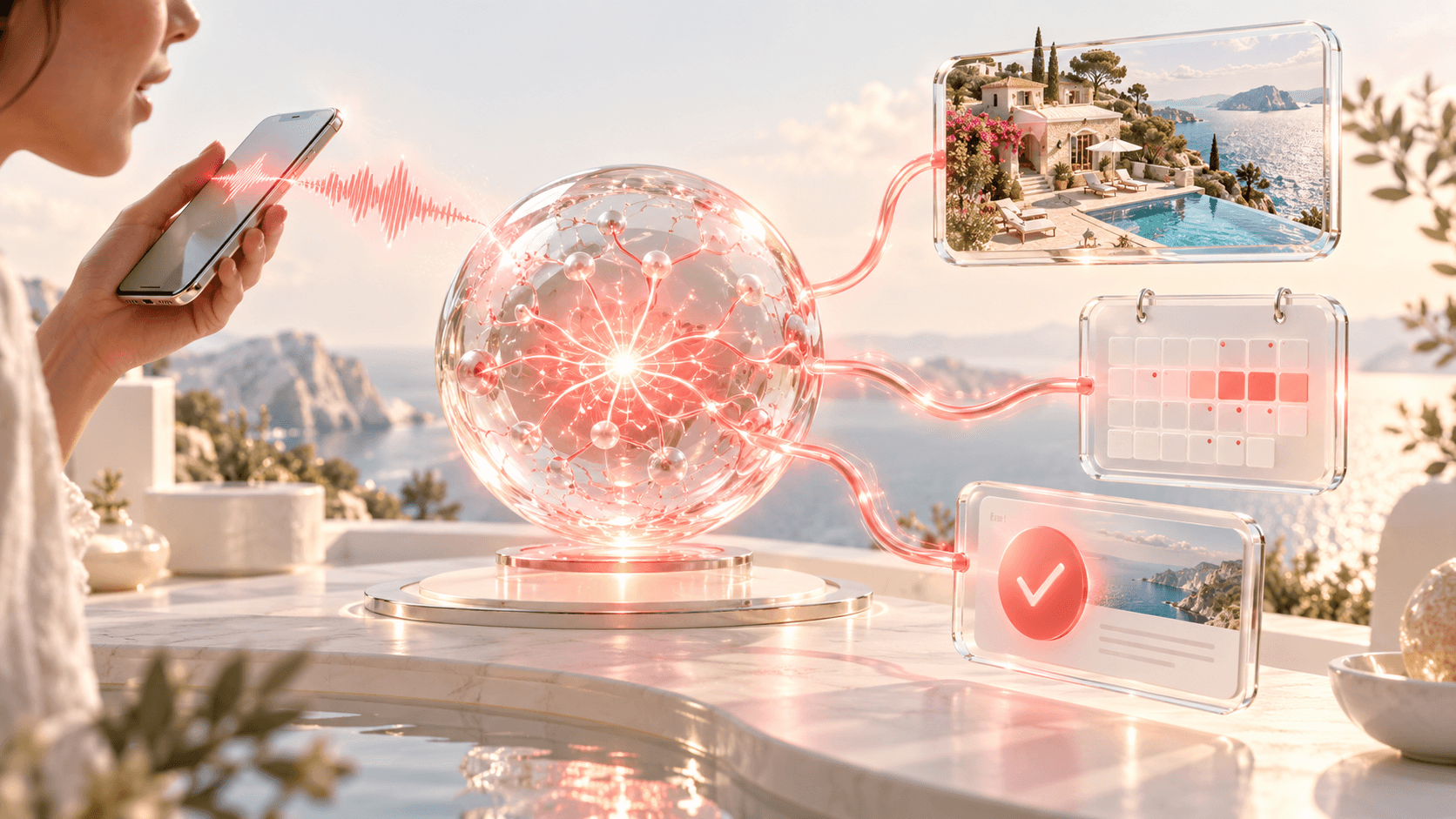 BookNoFees · Desde una indicación por voz hasta una reserva de viaje asistida por IA. BookNoFees: Una orden de voz conecta a un agente de IA personal con una casa de vacaciones, un calendario y una confirmación de reserva.