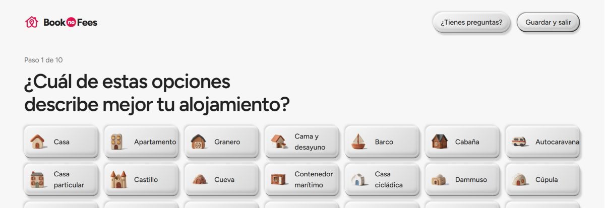 Publicación en BookNoFees: En primer lugar, selecciona el tipo de alojamiento.